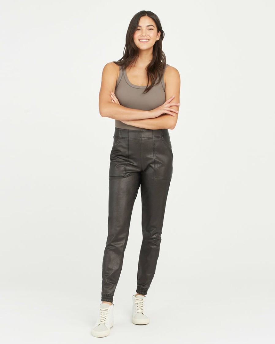 Clothing Spanx | Spanx Leather-Like Jogger Noir Black