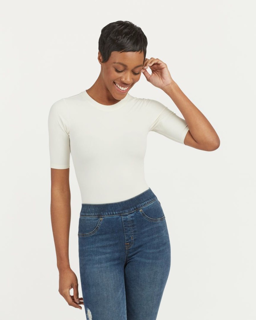 Clothing Spanx | Spanx Suit Yourself Ribbed Crew Neck Short Sleeve Bodysuit