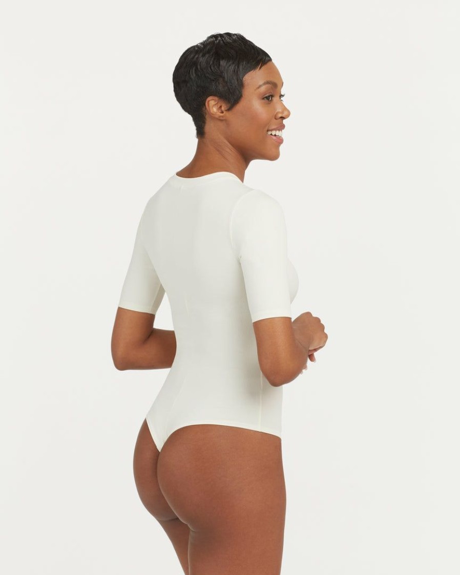 Clothing Spanx | Spanx Suit Yourself Ribbed Crew Neck Short Sleeve Bodysuit