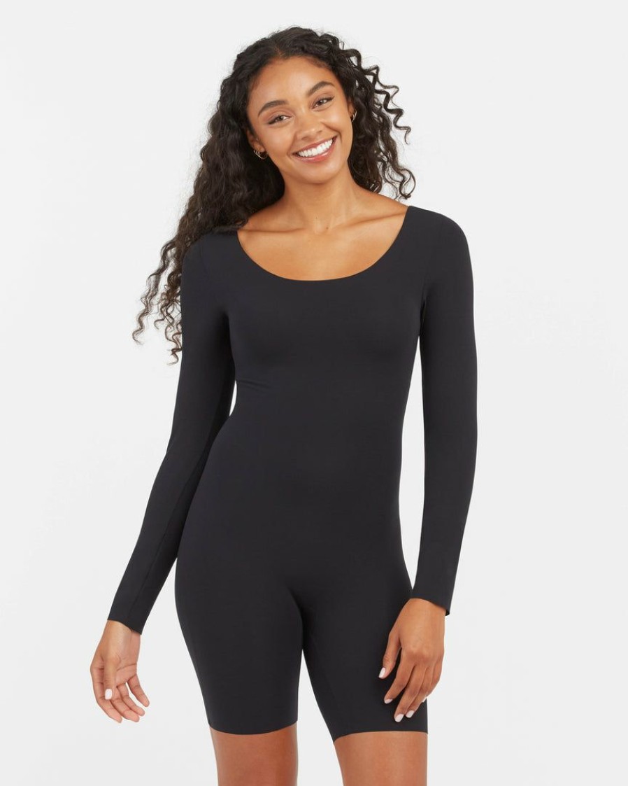 Clothing Spanx | Spanx Luxe Essentials Long Sleeve Mid-Thigh Bodysuit Clothing Very Black