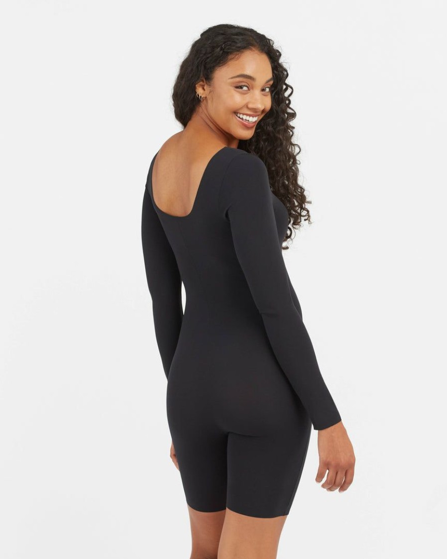 Clothing Spanx | Spanx Luxe Essentials Long Sleeve Mid-Thigh Bodysuit Clothing Very Black