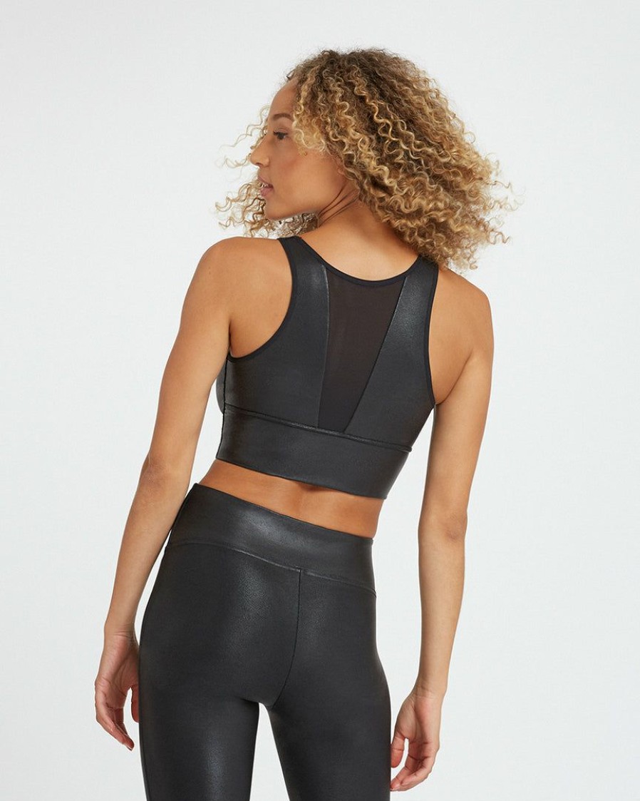 Leggings Spanx | Spanx Activewear Faux Leather Medium Impact Sports Bra Very Black