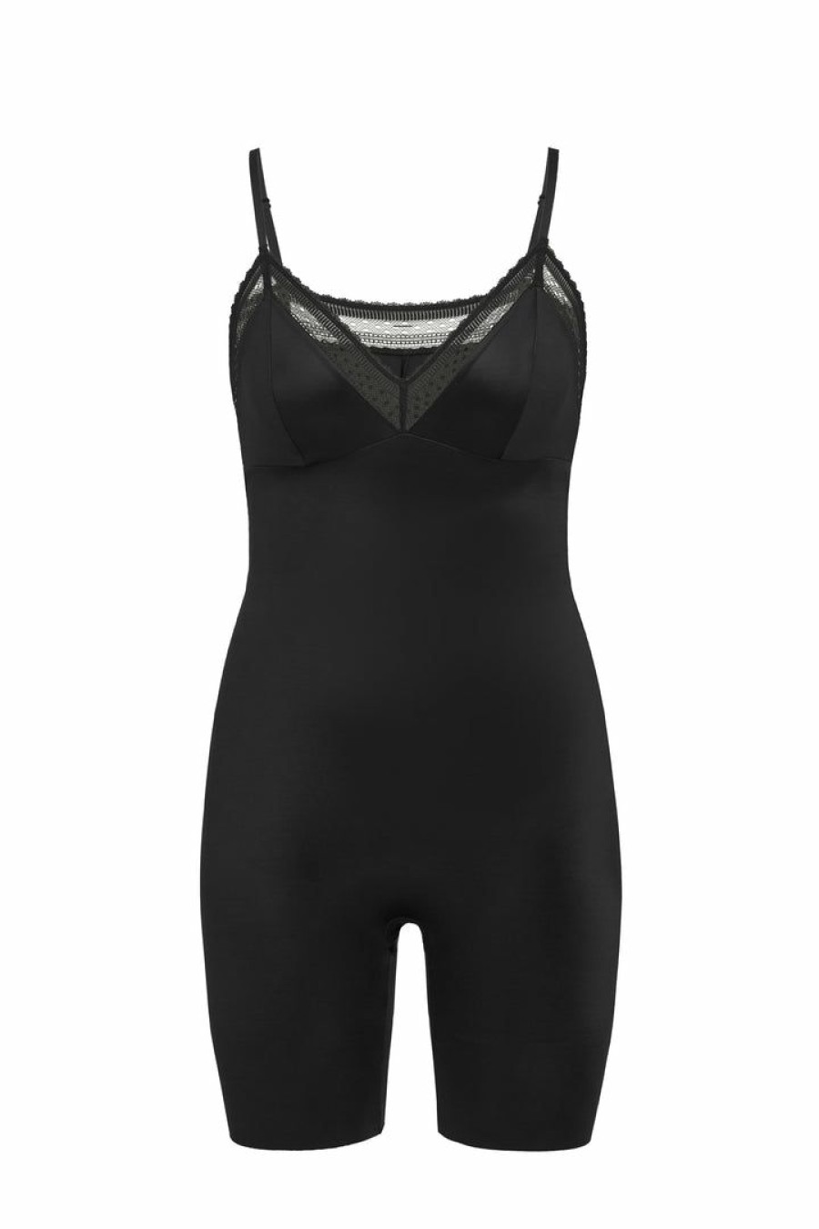 Shapewear Spanx | Spanx New Spotlight On Lace Satin Mid-Thigh Bodysuit Classic Black