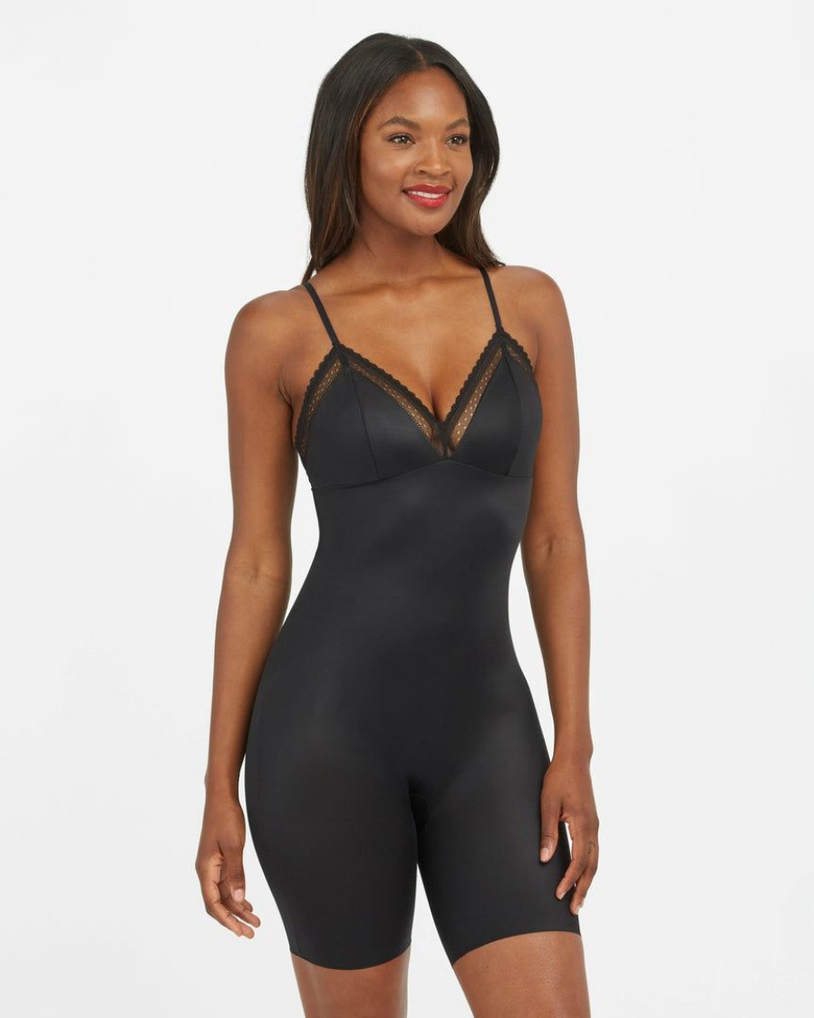 Shapewear Spanx | Spanx New Spotlight On Lace Satin Mid-Thigh Bodysuit Classic Black