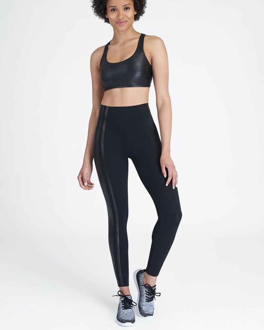 Clothing Spanx | Spanx Every.Wear Gloss Side Stripe Leggings Very Black