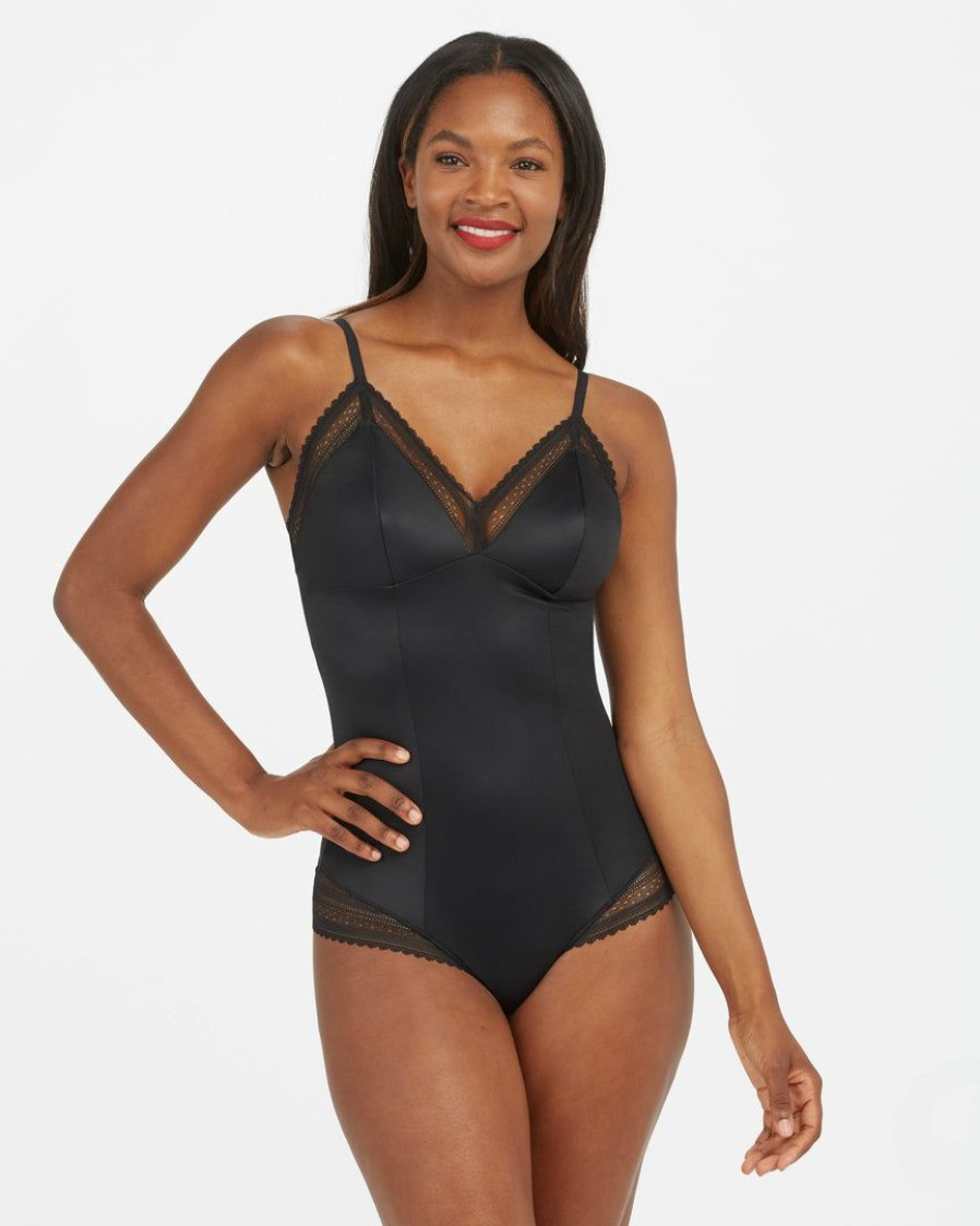 Shapewear Spanx | Spanx New Spotlight On Lace Satin Thong Bodysuit Classic Black