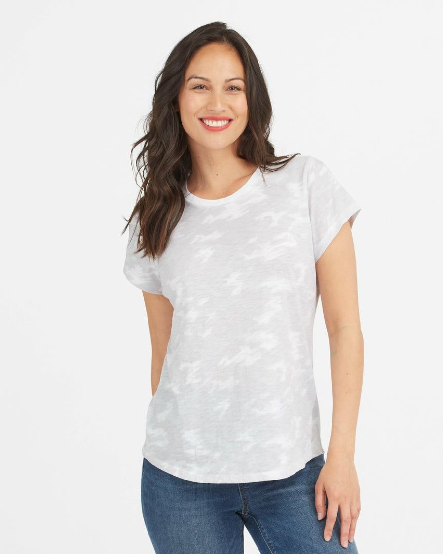 Clothing Spanx | Spanx Comfy Essentials Pima Cotton Printed Graphic Tee White Camo