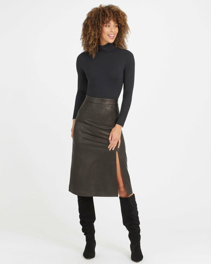 Clothing Spanx | Spanx New Leather-Like Midi Skirt Noir Black